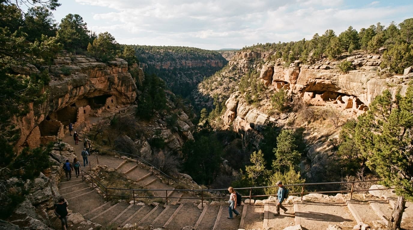 Walnut Canyon with the Island Trail and cliff-dwelling rooms ringing the canyon