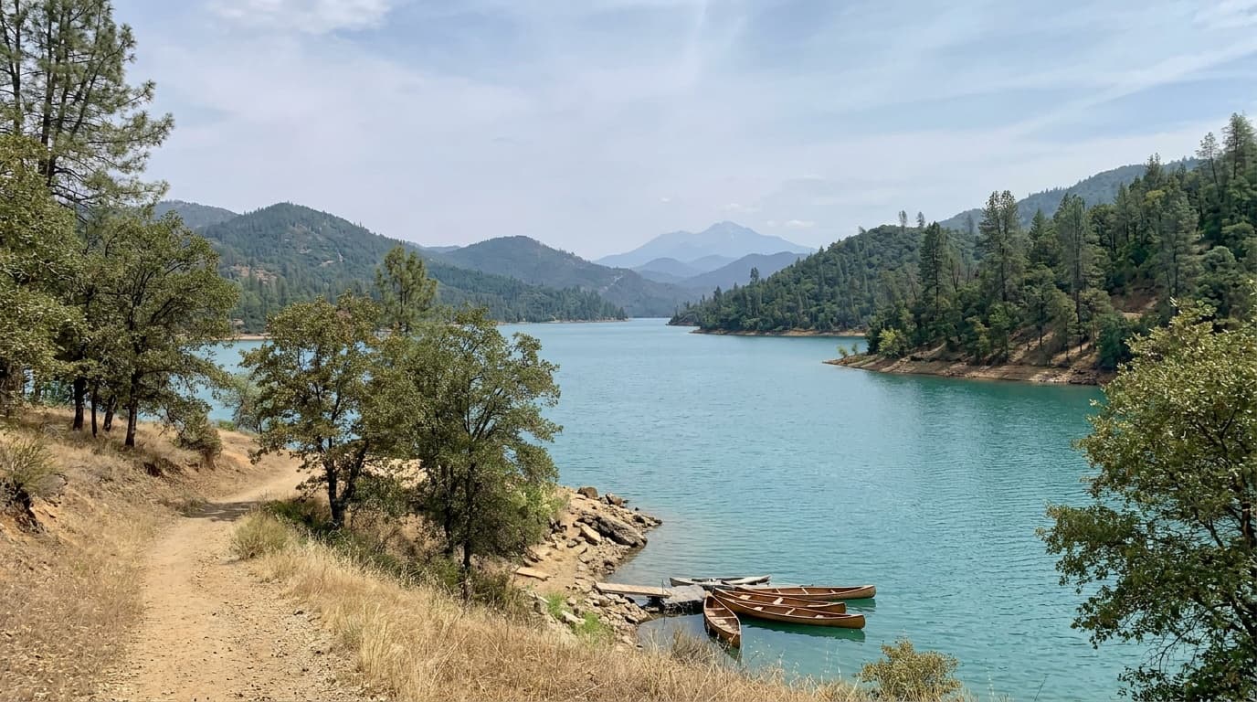 Clear blue Whiskeytown Lake ringed by forested hills near Redding