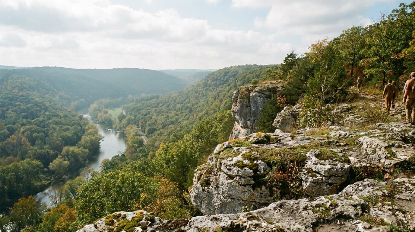 A view from Chimney Rock at Whitewater over the limestone bluff valley, the Whitewater River winding through green wooded hills far below.