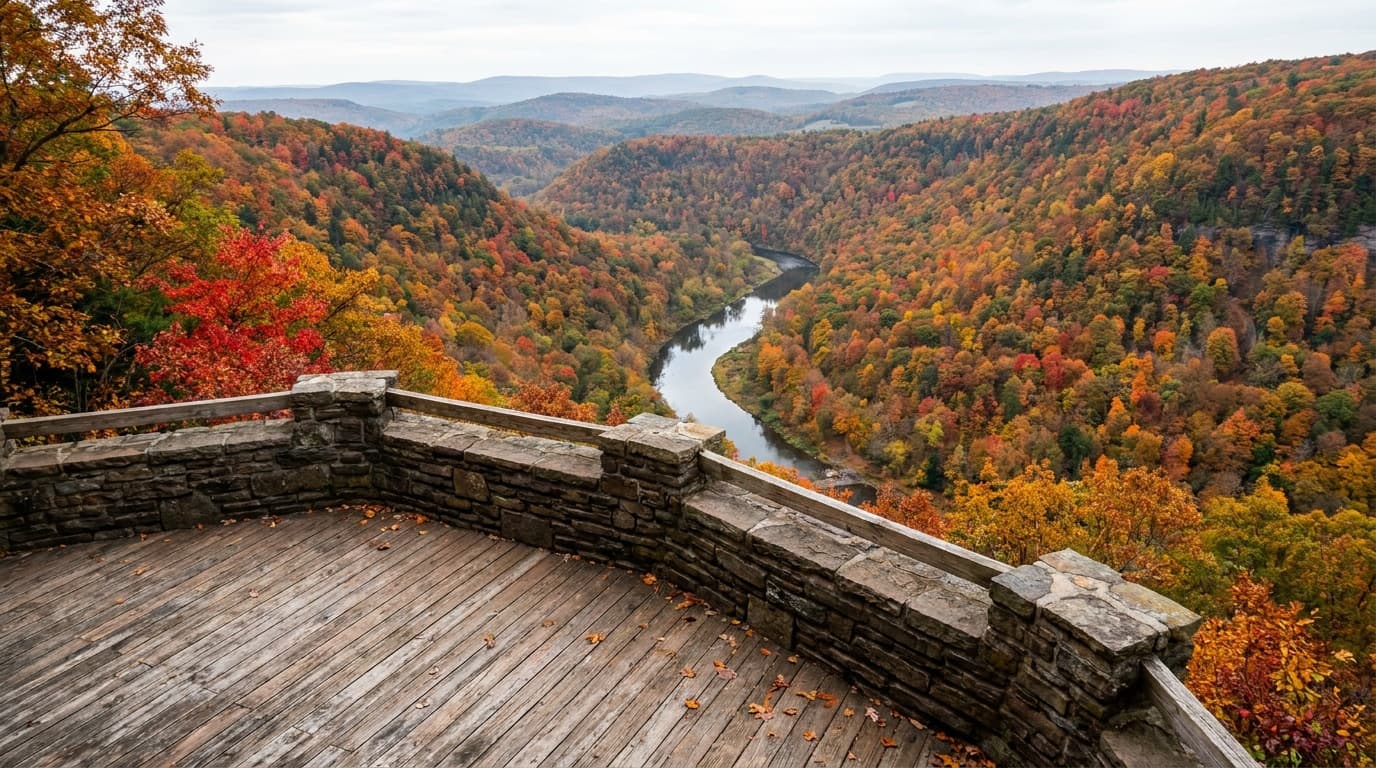The dramatic view from Canyon Vista overlook at Worlds End State Park, looking down hundreds of feet into the steep S-shaped Loyalsock Creek gorge filled with brilliant autumn color, Endless Mountains of Pennsylvania
