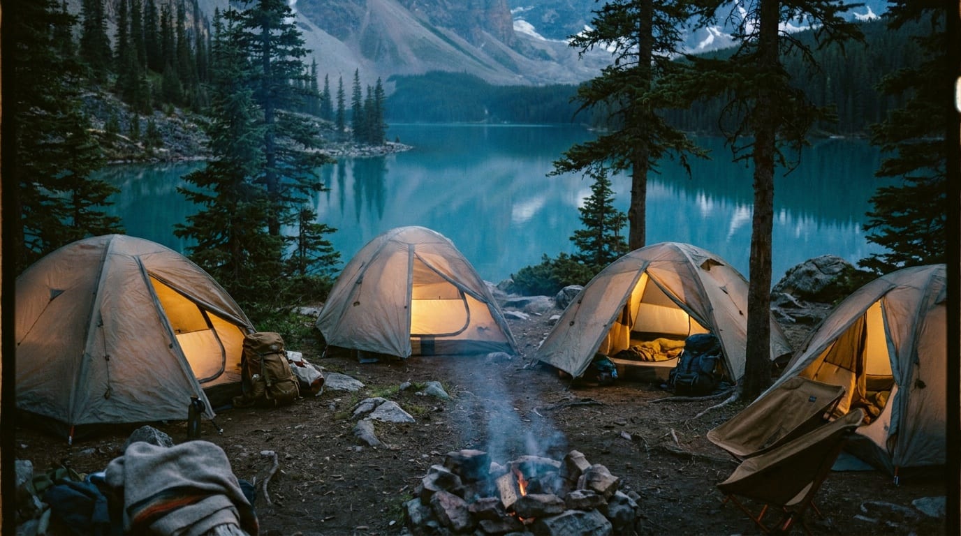 A lakeside campground with tents glowing at dusk