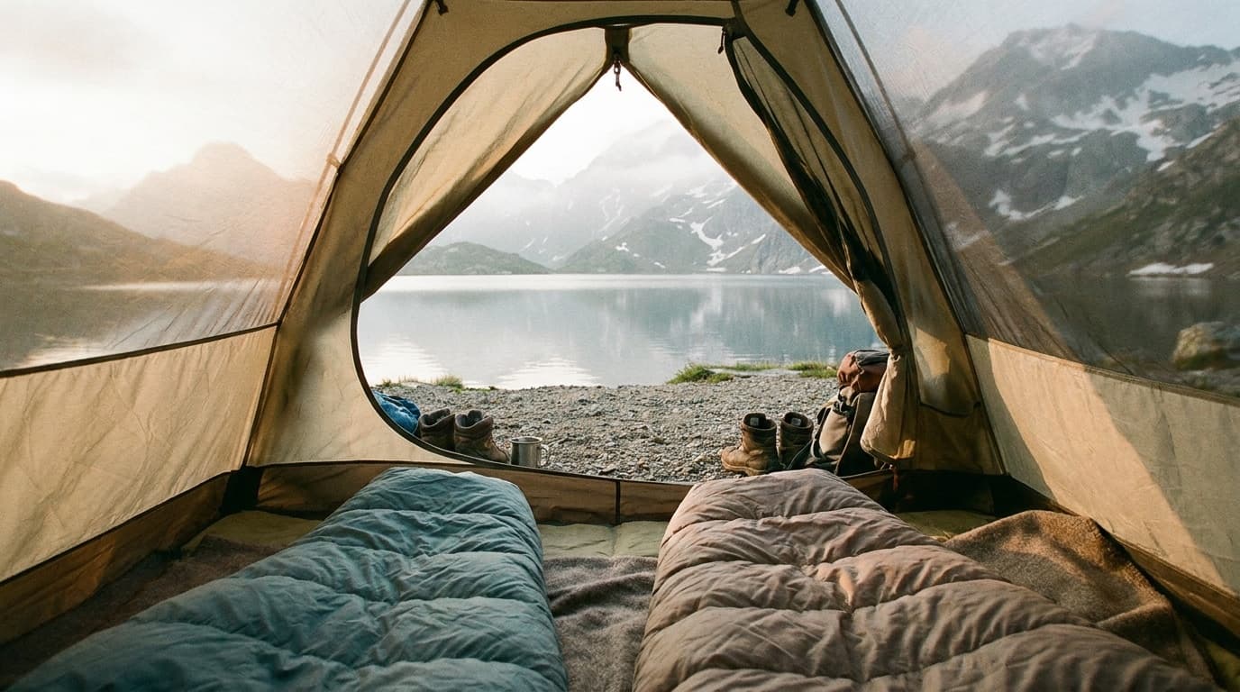 A frost-dusted campsite at dawn, two sleeping bags rolled out inside an open tent with pine trees silhouetted against an orange sky