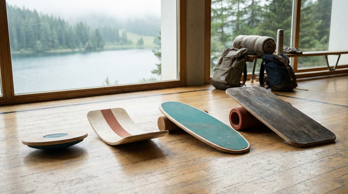 Four balance boards on a gym floor, arranged from smallest wobble board to full roller board, showing the progression from beginner to advanced