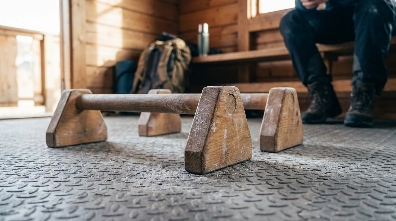 A pair of wooden parallettes on a gym floor with chalk marks, positioned for an L-sit hold