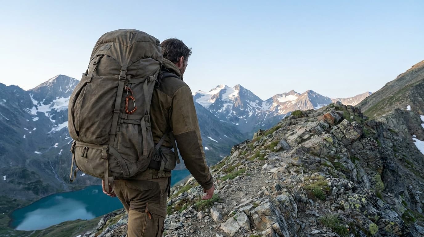 A backpacker crossing an alpine ridge with a loaded 65L pack, mountain peaks stretching behind them under clear morning sky