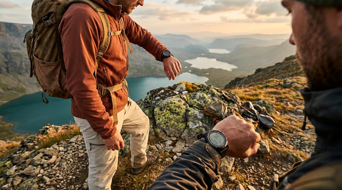 A hiker checking a GPS watch on a rocky ridgeline above a valley of alpine lakes at golden hour