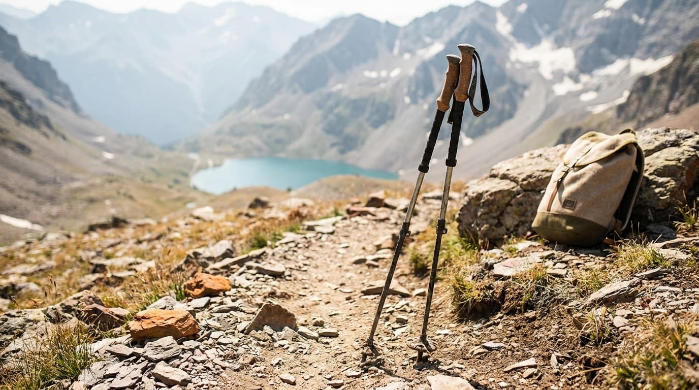 A hiker crossing a rocky alpine ridge on a clear morning, trekking poles planted on the trail ahead
