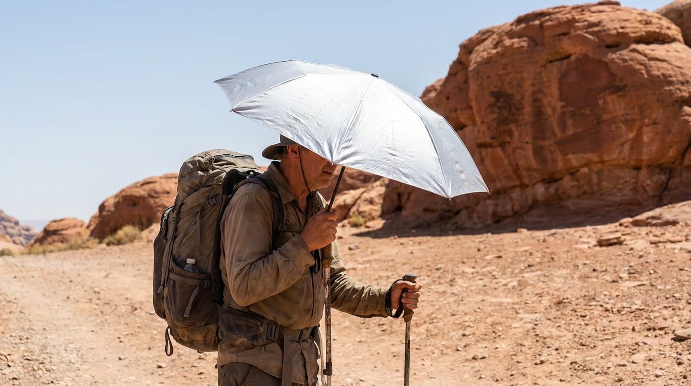 A hiker on a dusty desert trail holding a silver-canopy trekking umbrella, bright sun overhead and red rock formations in the background