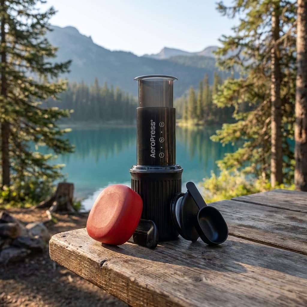 AeroPress Go at a lakeside campsite