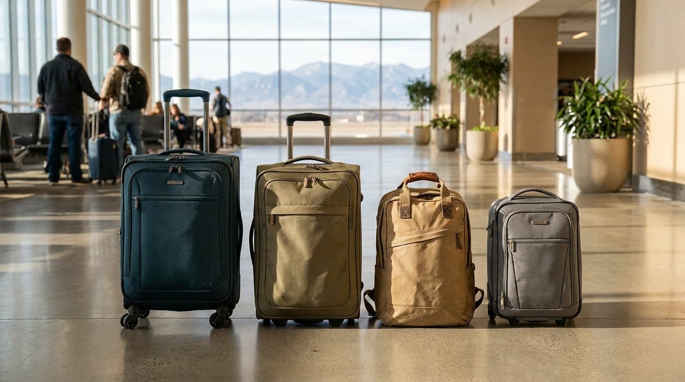 Travel bags lined up on an airport terminal floor