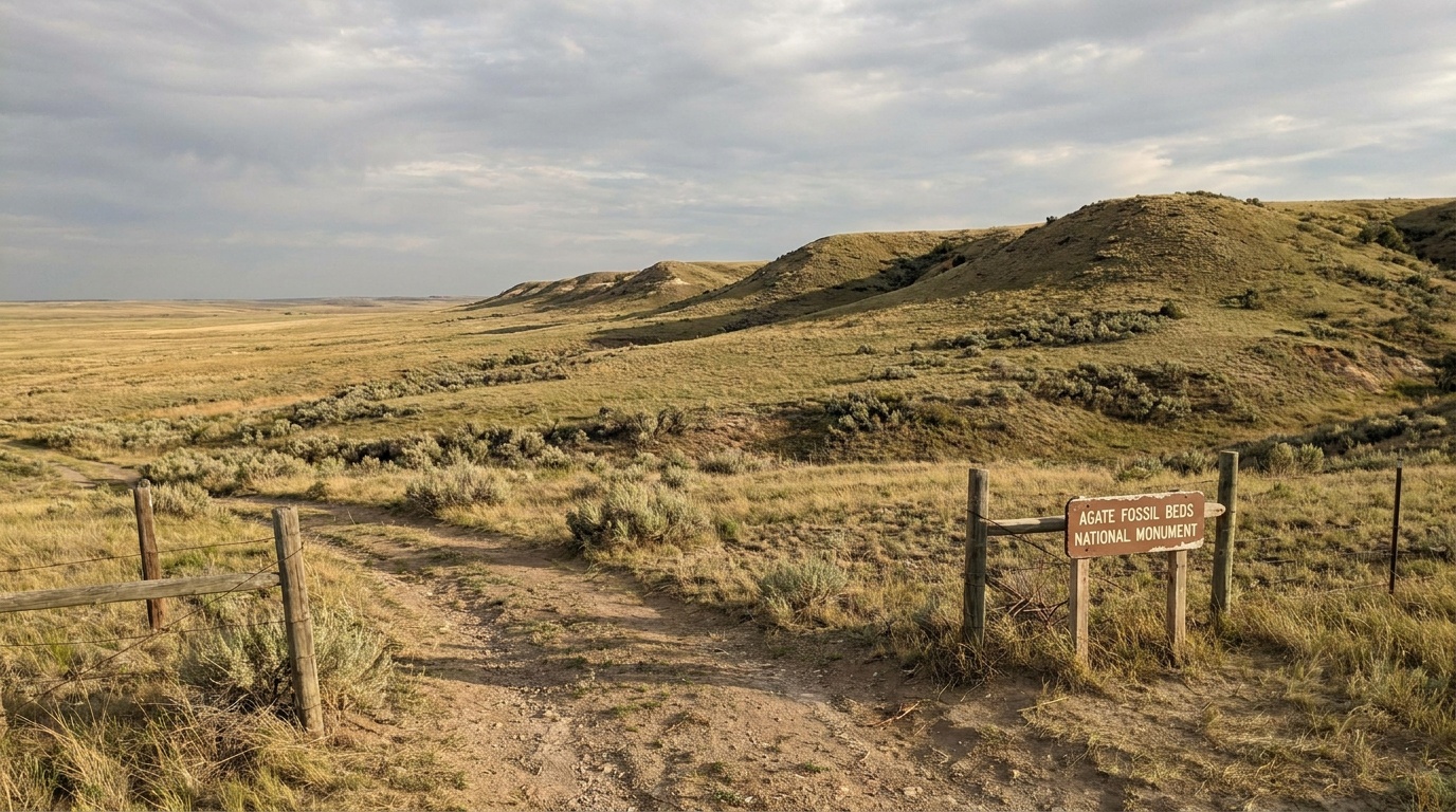 The rounded grassy fossil hills of Agate Fossil Beds rising over open Nebraska prairie under a vast sky