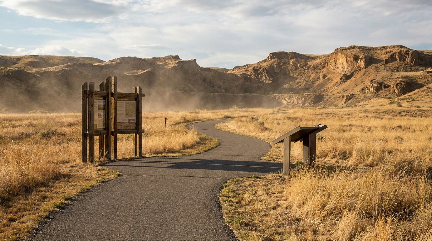 The paved Fossil Hills Trail crossing prairie grass with interpretive panels toward the quarry hills