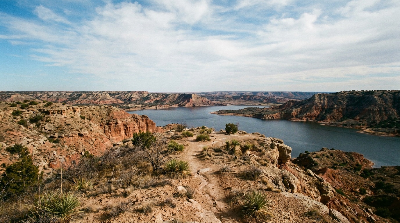 Wide view of Lake Meredith and the surrounding red canyon country below the Alibates mesa under a big Texas Panhandle sky