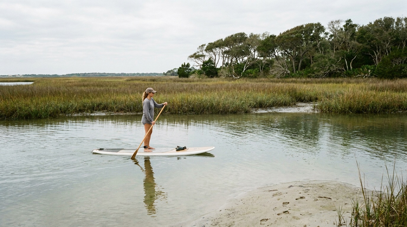 A paddleboarder on the calm tidal water of the Salt Run lagoon at Anastasia State Park, marsh grass and coastal hammock along the shore
