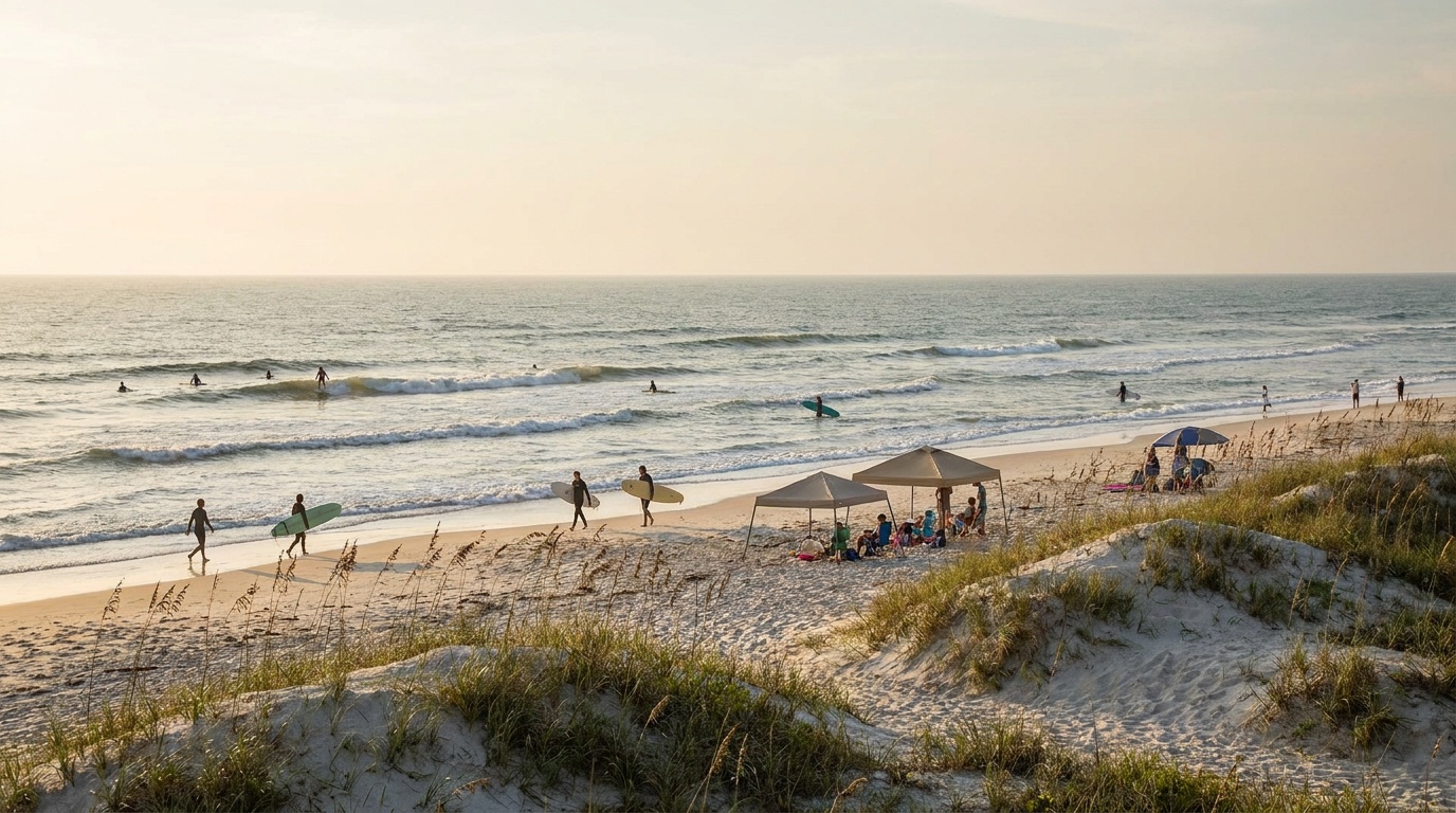 Surfers and beachgoers on the four-mile white-quartz beach at Anastasia State Park near St. Augustine, gentle waves, warm afternoon