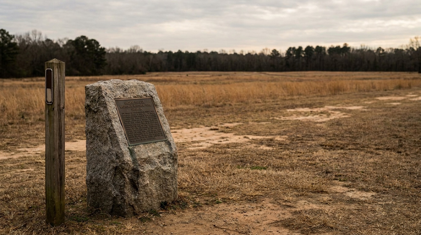 A stone monument at the open Camp Sumter prison grounds with a marker post and the broad empty field where the prison once stood, soft light