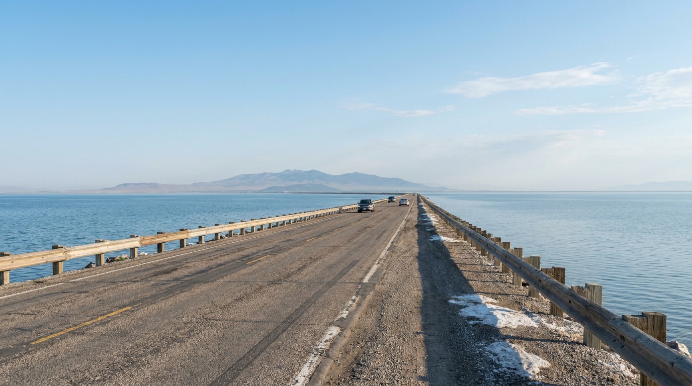 The long causeway road stretching across the shallow blue water of the Great Salt Lake toward Antelope Island, distant mountains, clear morning sky