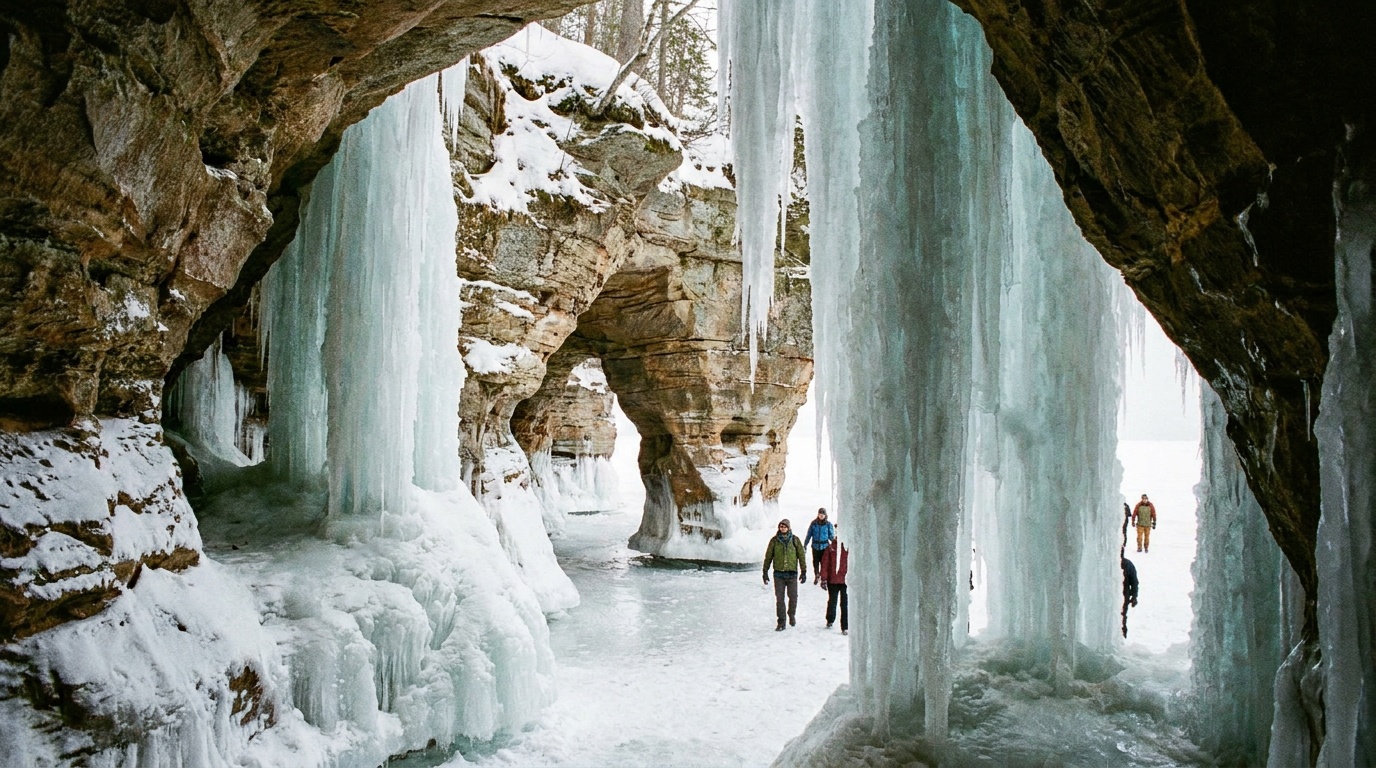 Frozen ice formations in the Apostle Islands mainland ice caves in winter