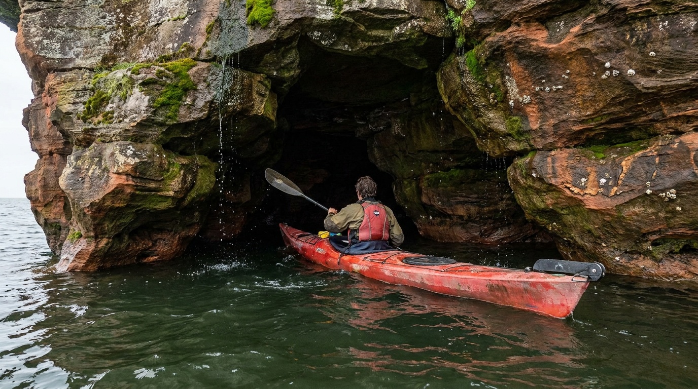 A sea kayak entering an Apostle Islands sandstone sea cave