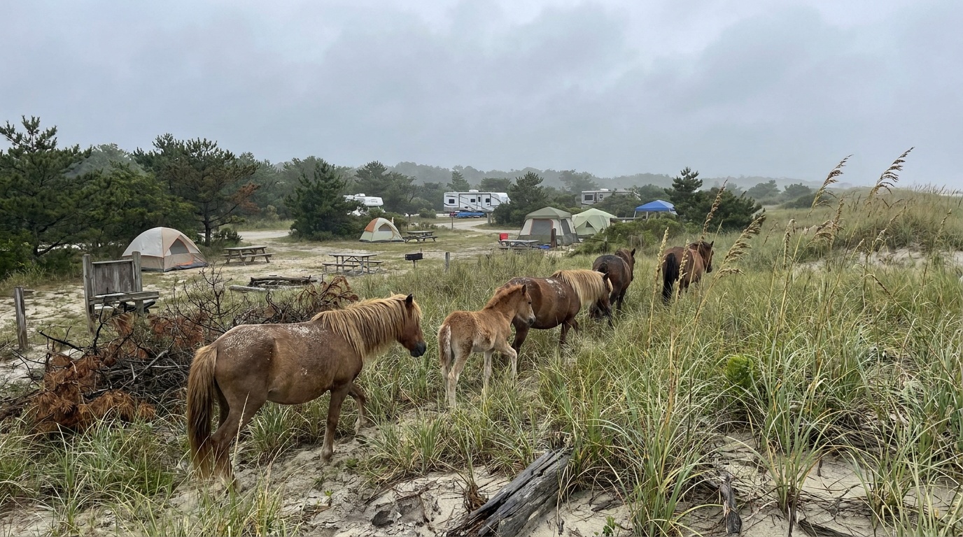 A band of Assateague ponies crossing the dune grass near the campground
