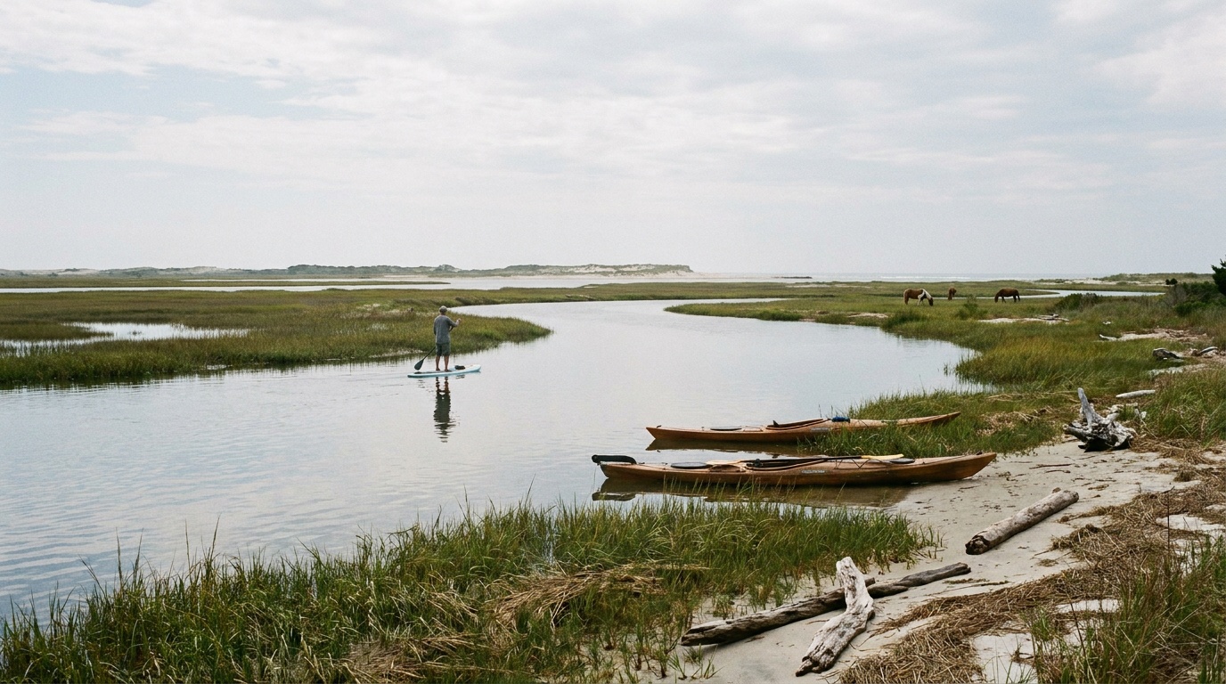 The bayside salt marsh and calm paddling water at Assateague
