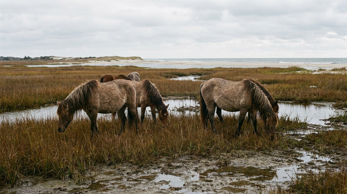Feral horses grazing in the marsh on Assateague Island