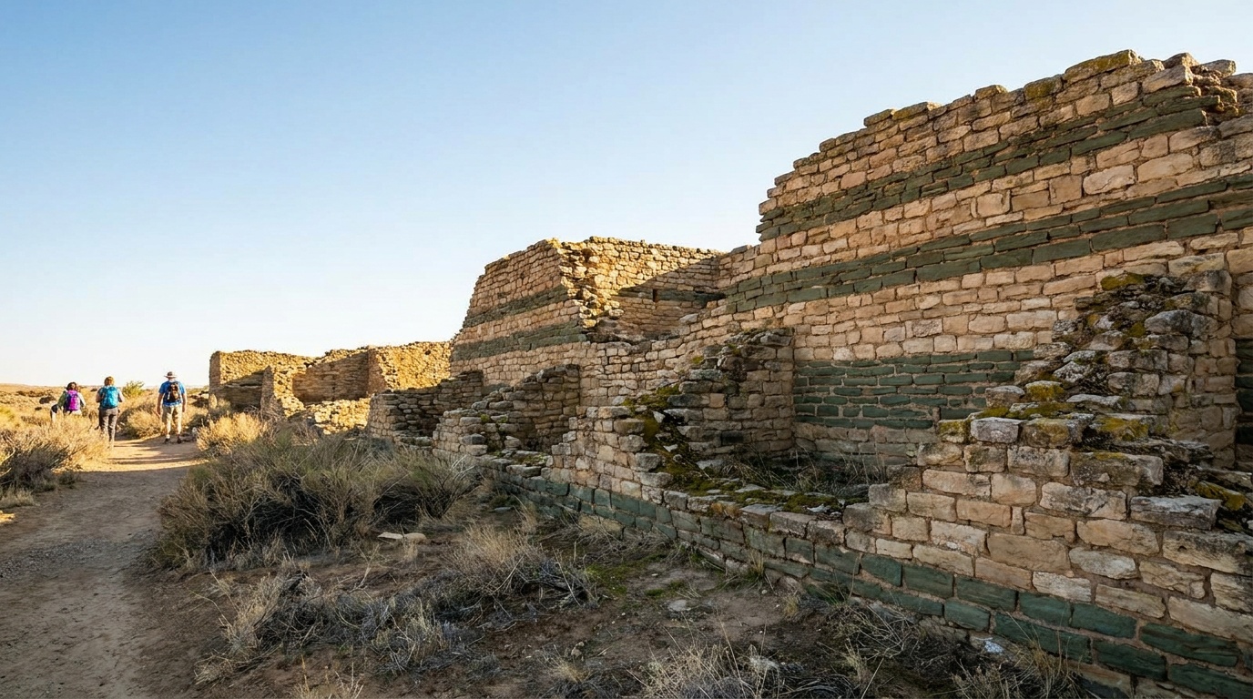 Aztec Ruins great house walls with distinctive green sandstone banding, multi-story masonry, clear high-desert sky