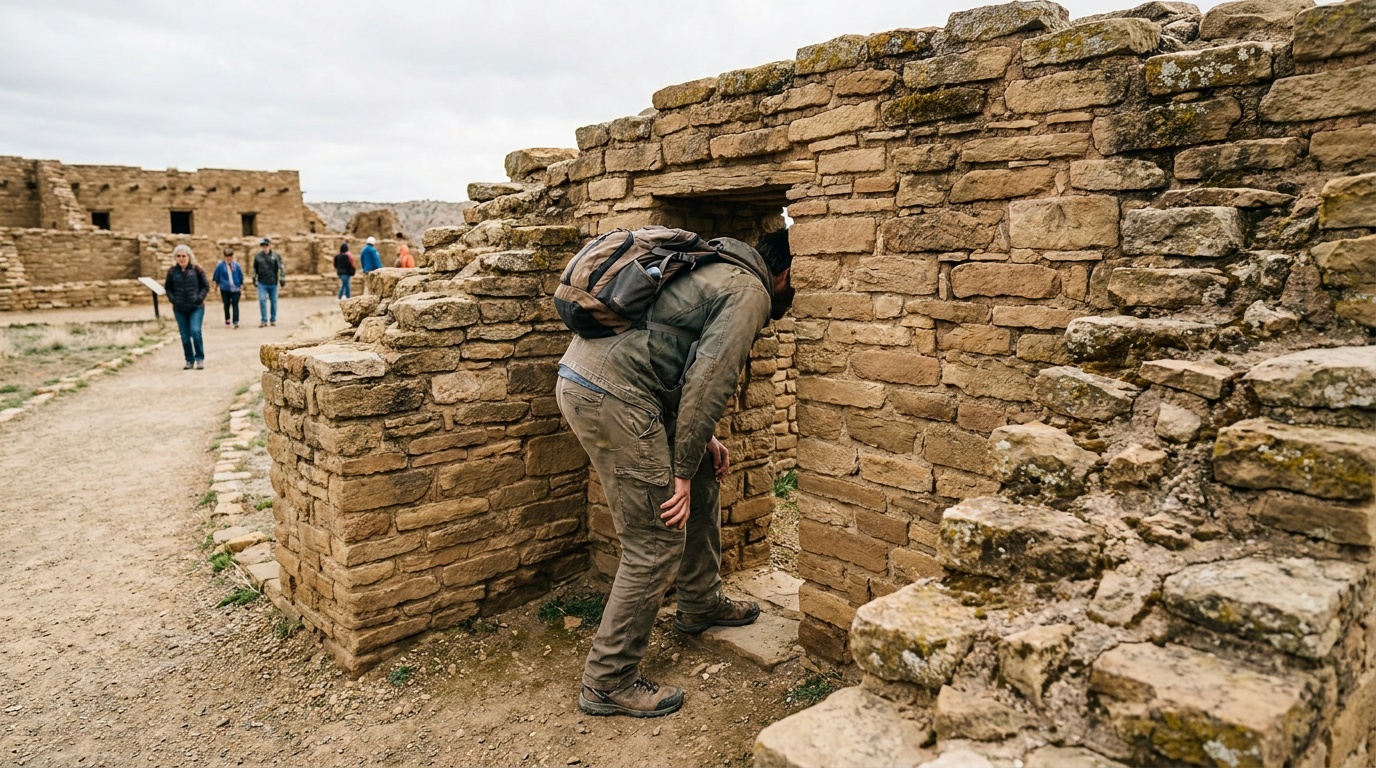The West Ruin self-guided trail at Aztec Ruins, a visitor ducking through an original 900-year-old roofed doorway, stacked stone masonry, soft daylight