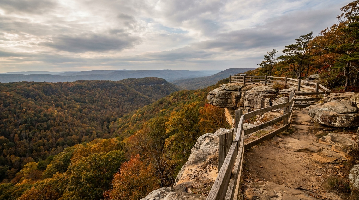 The Island in the Sky rocky promontory overlook with a long view across a wooded gorge in early autumn, layered ridgelines, dramatic sky