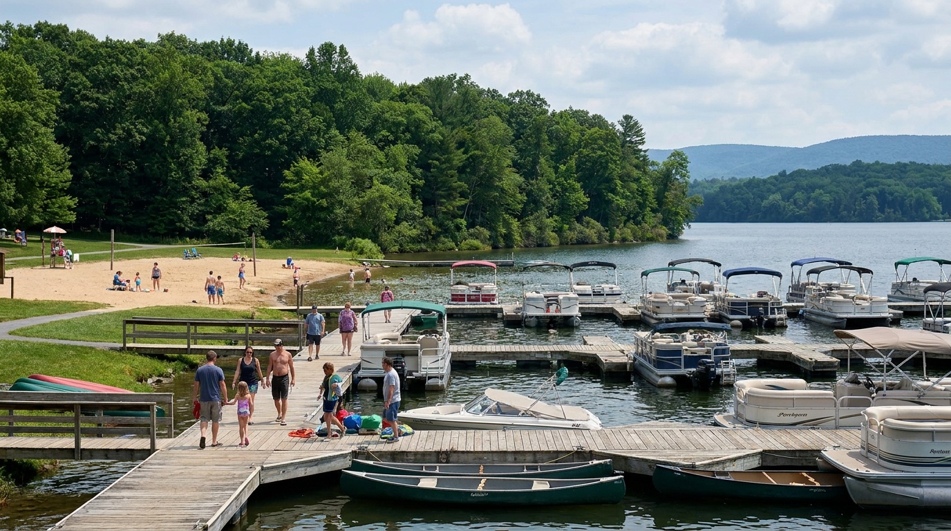 The marina at Bald Eagle State Park with pontoon boats and canoes lined at the docks, a sandy swimming beach nearby, green wooded shoreline, bright summer day