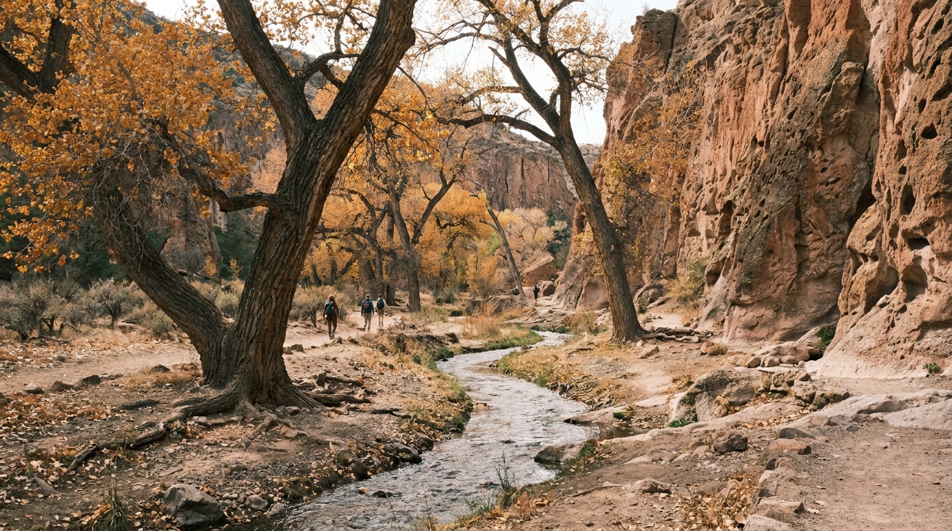 Frijoles Creek and cottonwoods running through the canyon floor