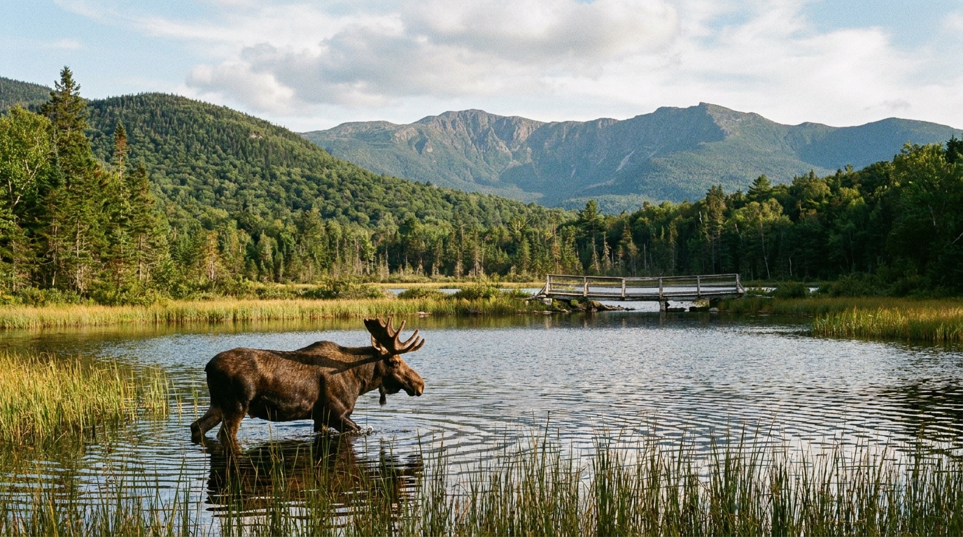 Moose feeding at Sandy Stream Pond near Roaring Brook