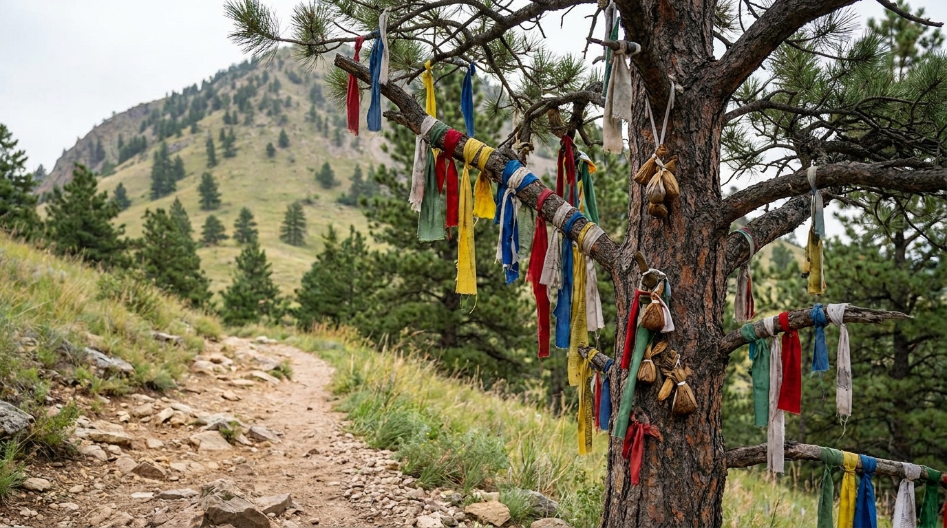 Colorful prayer cloths and tobacco-tie offerings tied to a tree along the Bear Butte summit trail, soft respectful light, the sacred mountain slope behind, South Dakota