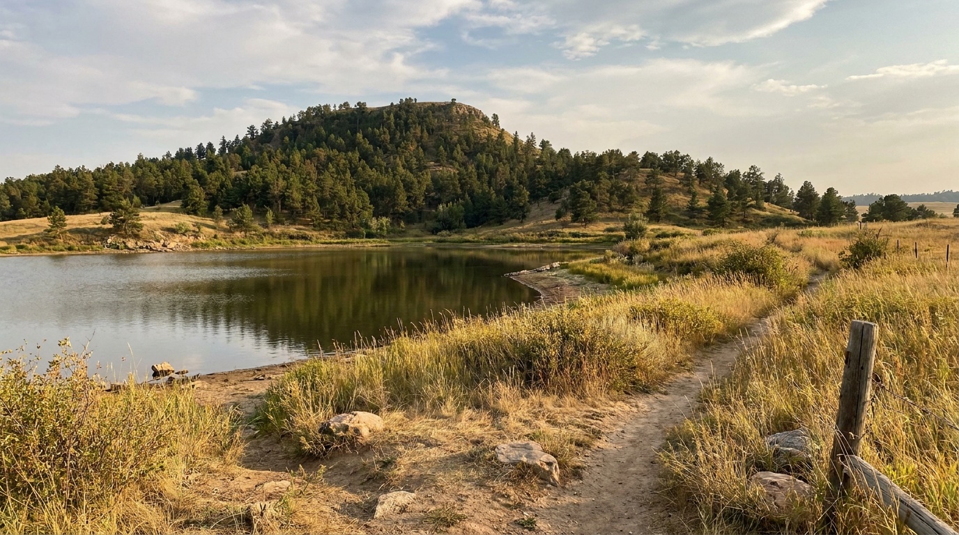 A calm lake at the base of Bear Butte with the hill reflected on the water