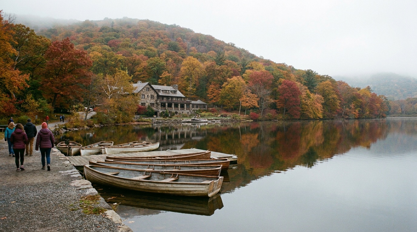 Hessian Lake at the base of Bear Mountain on a calm autumn morning, paddleboats on glassy water, the stone Bear Mountain Inn and fall-colored hillside reflected, photorealistic
