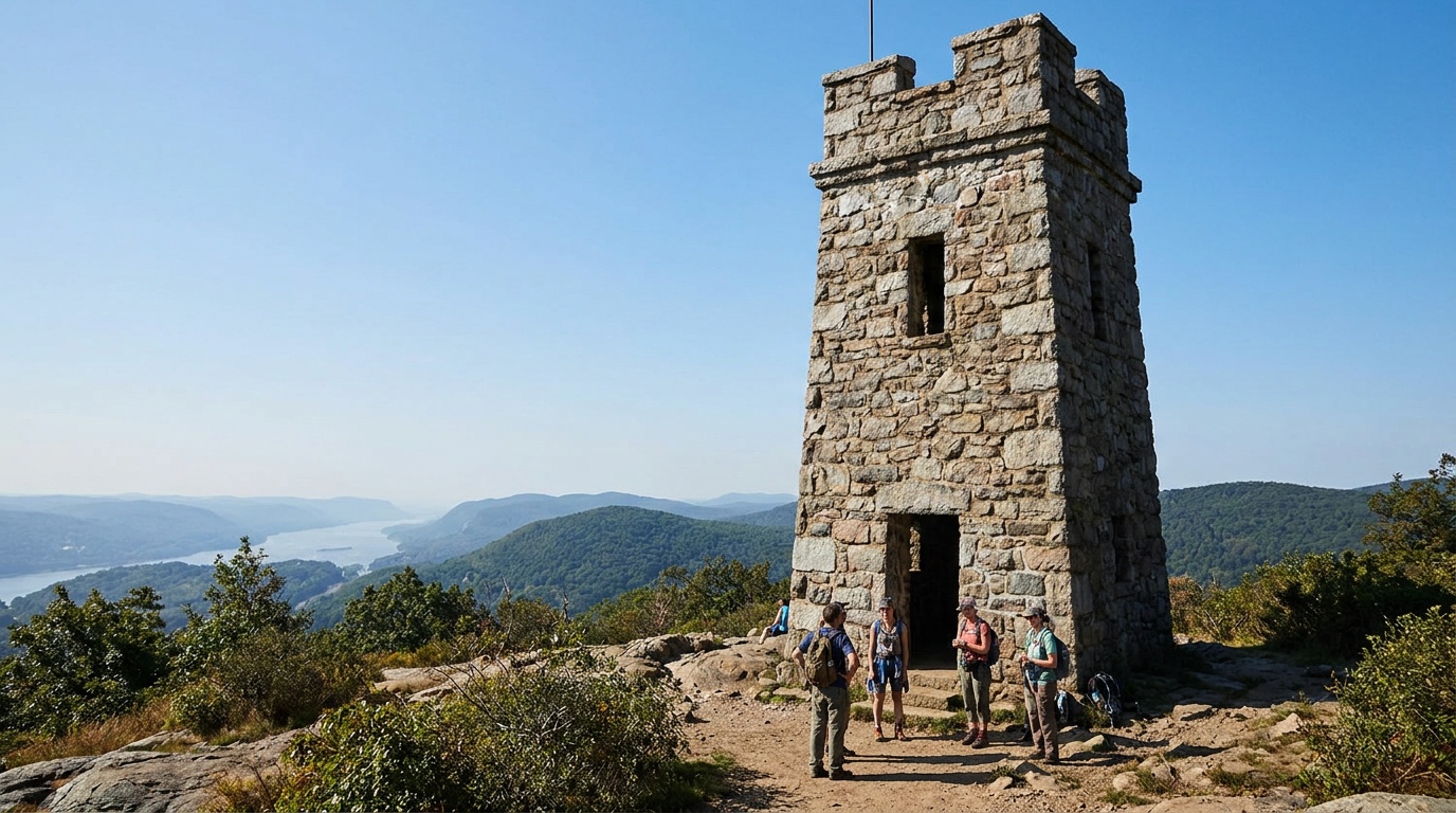 The historic stone Perkins Memorial Tower at the summit of Bear Mountain, New York, under a clear blue sky with distant ridgelines fading into haze, hikers near the base, photorealistic
