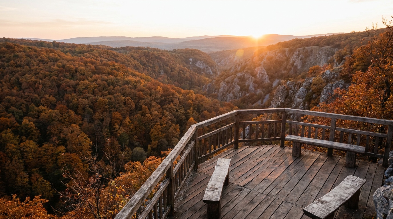 The Lindy Point overlook wooden platform on the rim of Blackwater Canyon at sunset, sweeping panorama of the forested gorge glowing in golden and orange autumn light