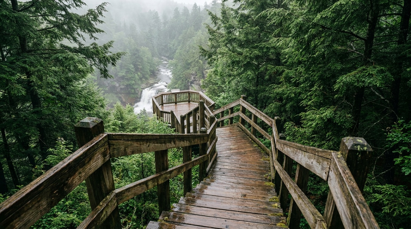 A long wooden boardwalk staircase descending steeply through dense green spruce forest toward a lower viewing deck near the falls, West Virginia highlands