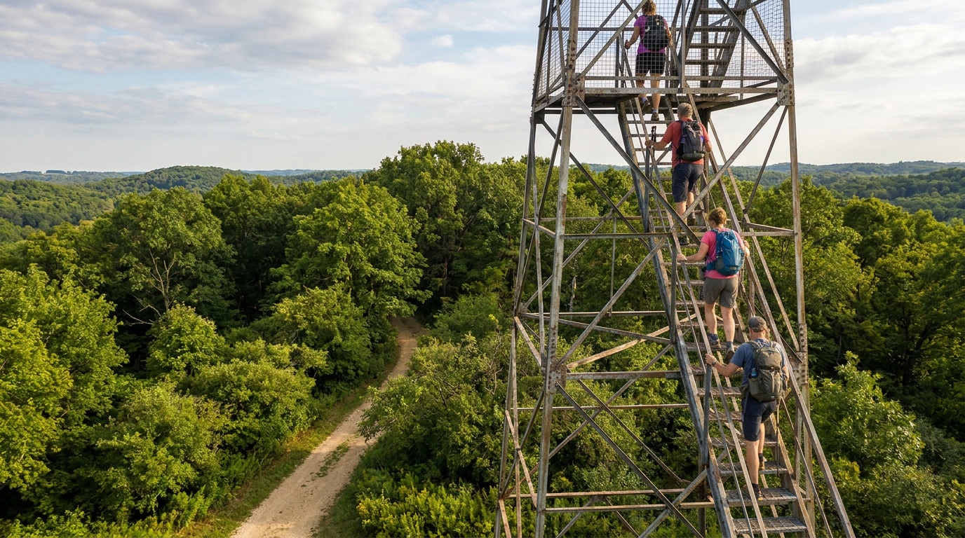 A steel observation tower rising above the treetops on the wooded hilltop of Blue Mound State Park, hikers climbing the stairs, late summer green forest, southern Wisconsin