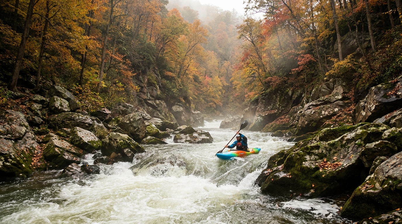 A whitewater kayaker dropping through churning rapids on the Russell Fork river deep in the rocky canyon during an autumn release, spray and fast water, steep wooded walls above