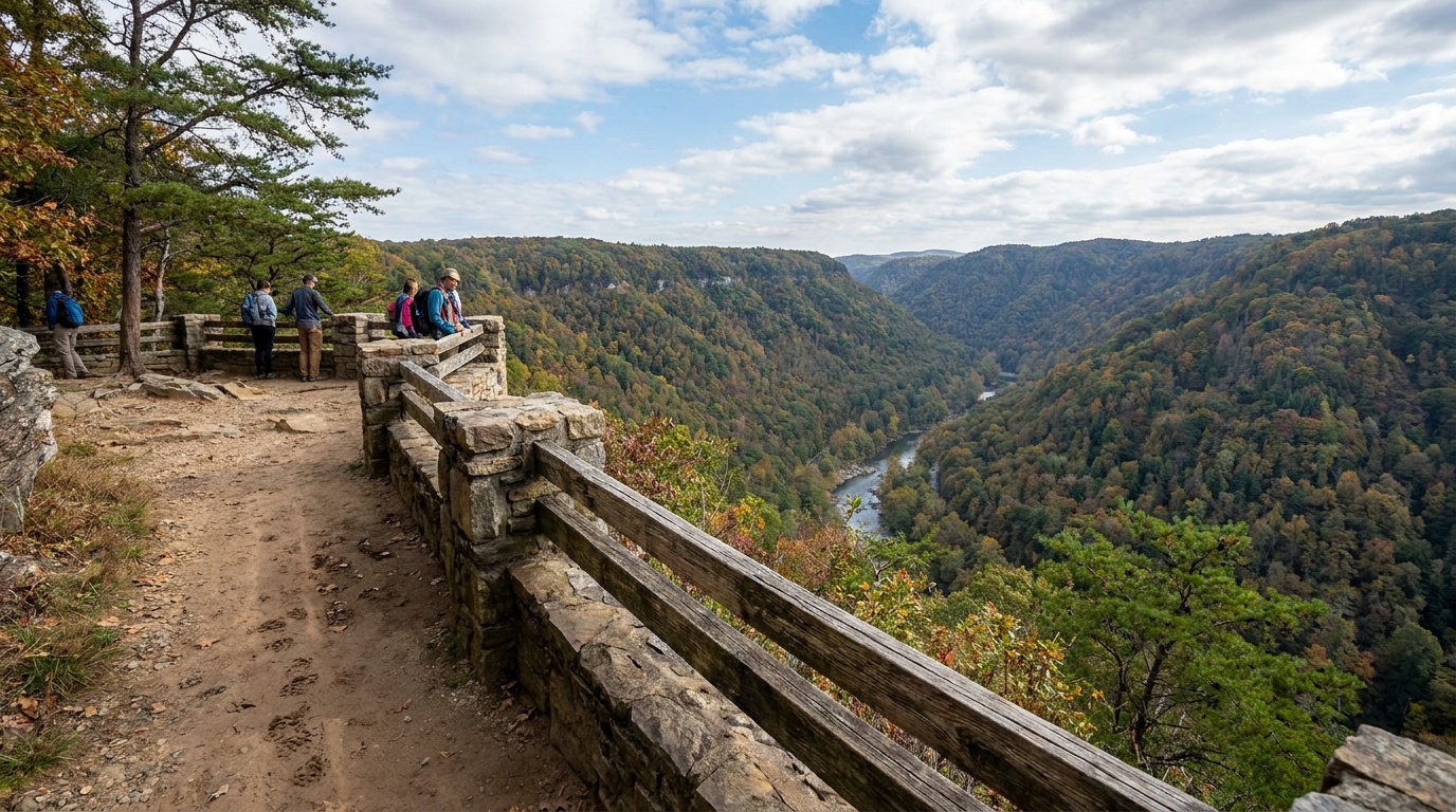 A canyon-rim overlook with a stone and timber railing, a hiker's-eye view down into the immense forested gorge under a wide blue sky, southwest Virginia