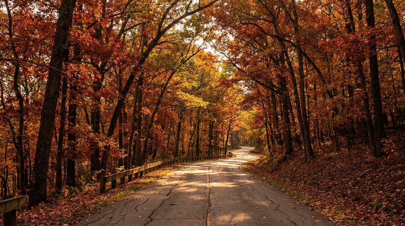 A winding ridge road through Brown County's autumn forest, sunlight filtering through a tunnel of red and orange leaves.