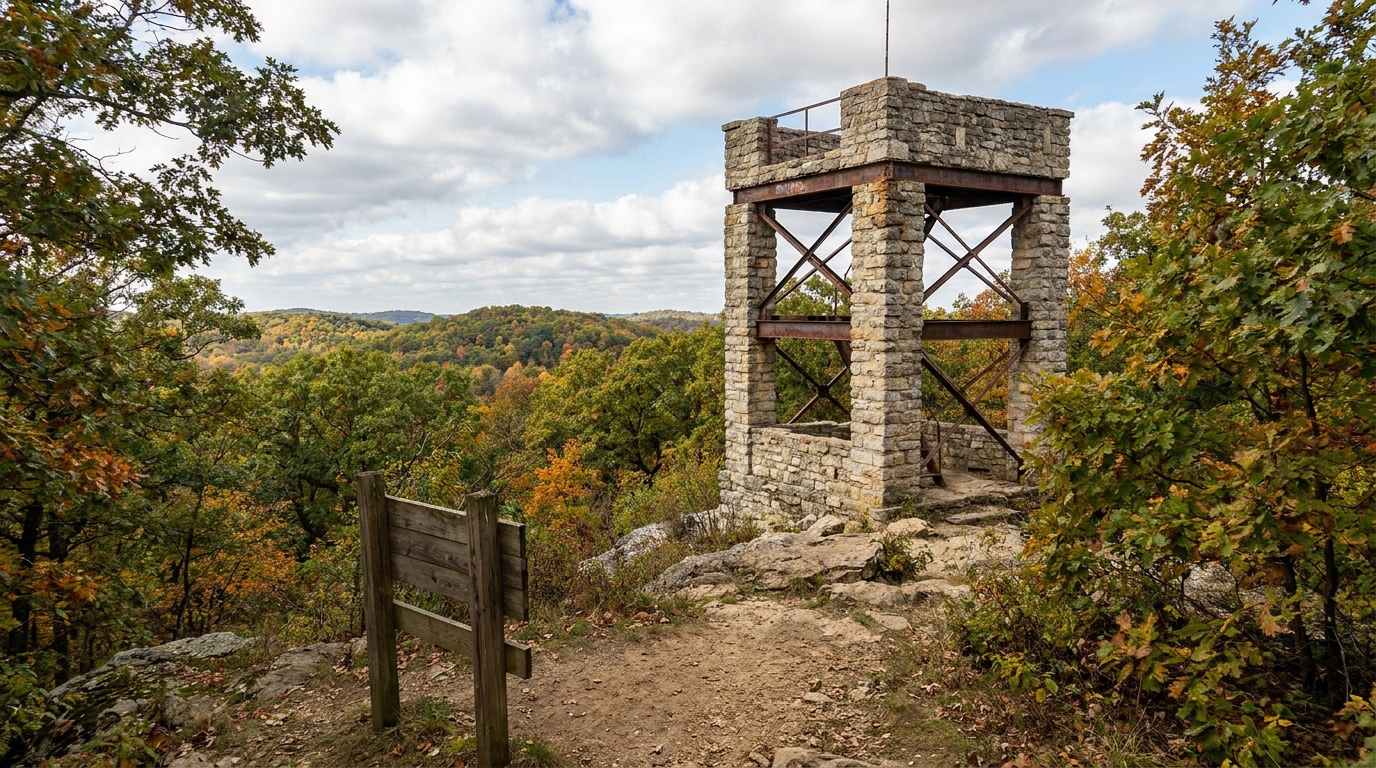 The historic stone-and-steel Brown County fire tower rising above the tree canopy, blue sky behind it, an orientation landmark for visitors.