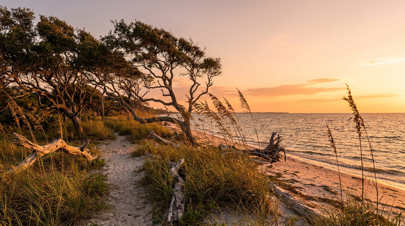 Wind-bent live oaks and sea oats along the shoreline near Buccaneer State Park at sunset, golden Gulf Coast light over calm water