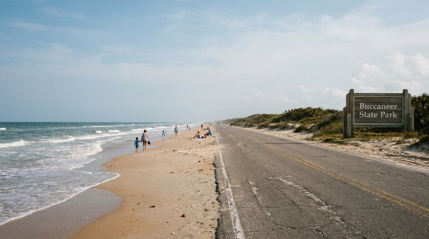 The sandy Gulf beach across the highway from Buccaneer State Park, gentle waves, scattered beachgoers, a wide blue Mississippi coast sky