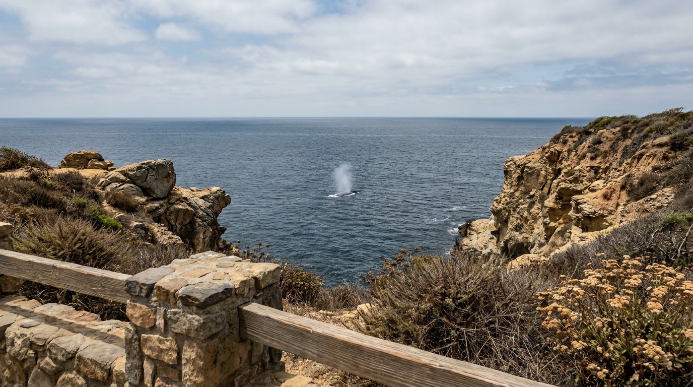 A gray whale spouting offshore seen from the whale overlook at Cabrillo National Monument, blue ocean and coastal sage cliffs
