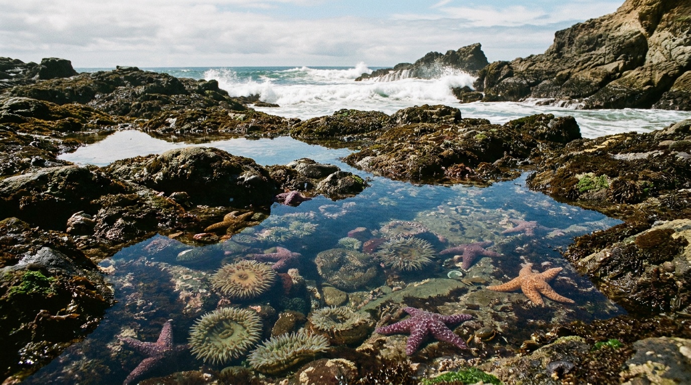 The rocky intertidal tide pools at Cabrillo at low tide, sea anemones and starfish in clear pools, Pacific waves breaking beyond