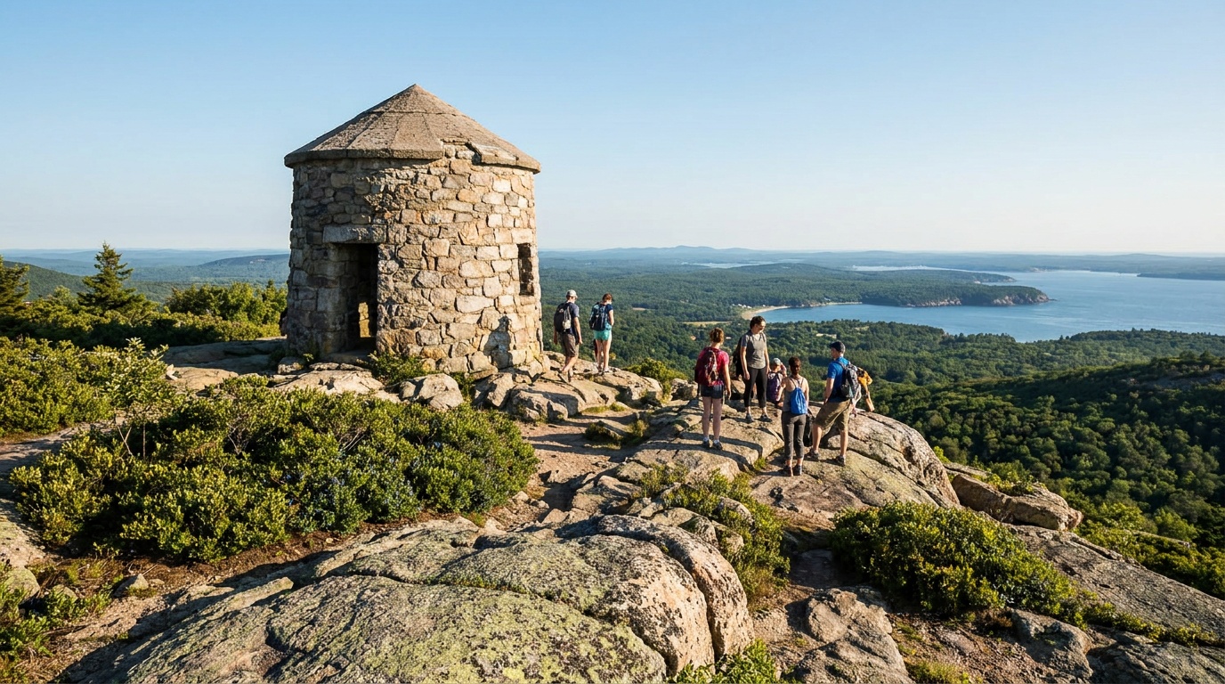 The historic stone Mount Battie summit tower surrounded by blueberry barrens and granite ledge, hikers taking in the bay view, clear blue sky over Camden Hills State Park