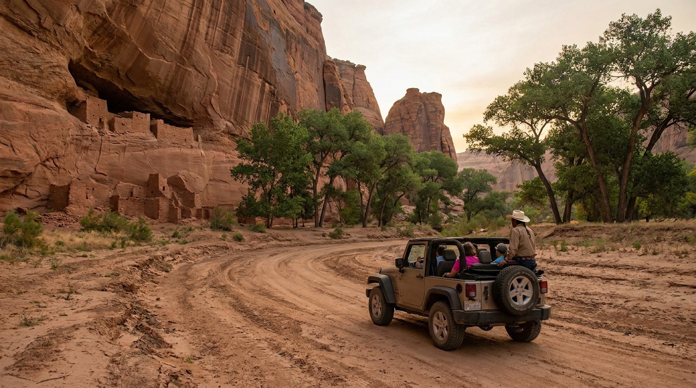 A Navajo-guided open jeep tour driving through the sandy wash of Canyon de Chelly between green cottonwoods and red canyon walls