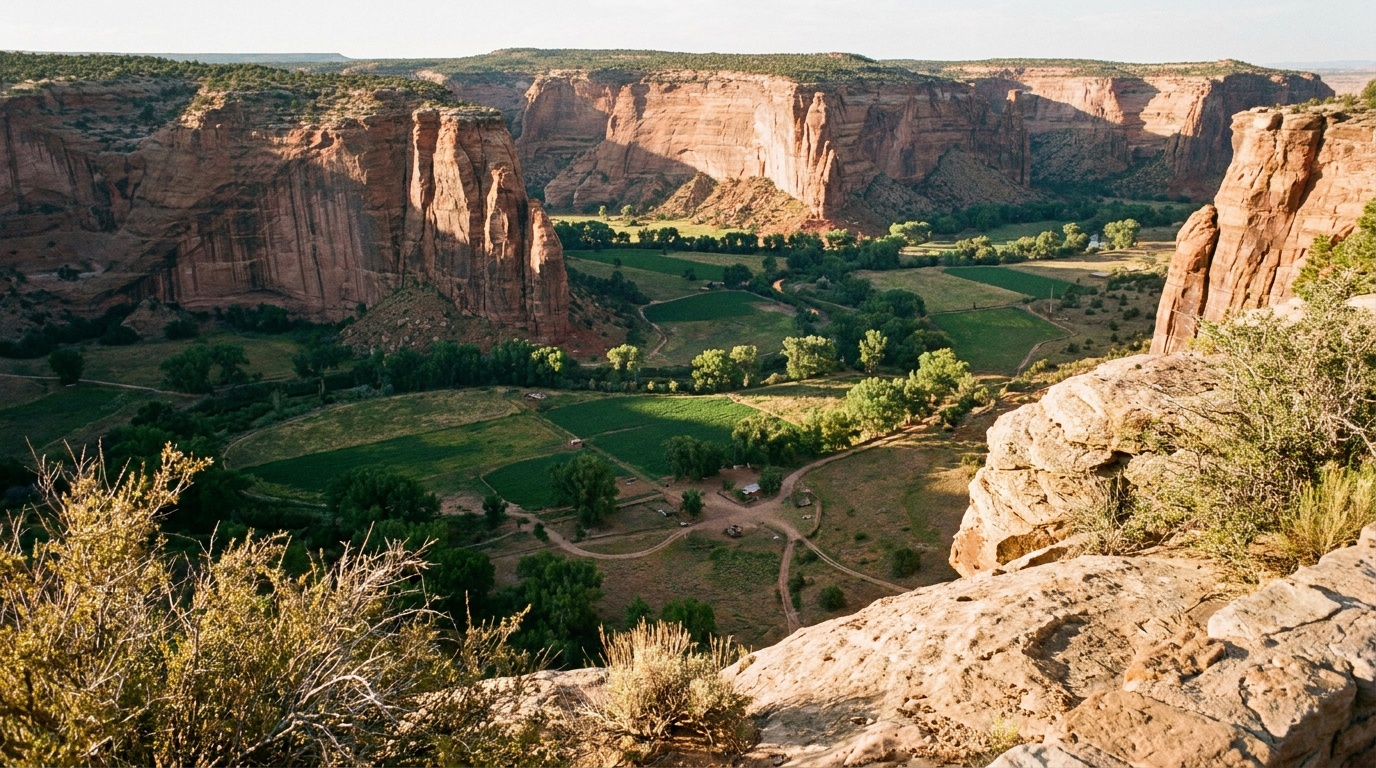 View from a South Rim overlook down into the green farmed canyon floor of Canyon de Chelly framed by red rock cliffs